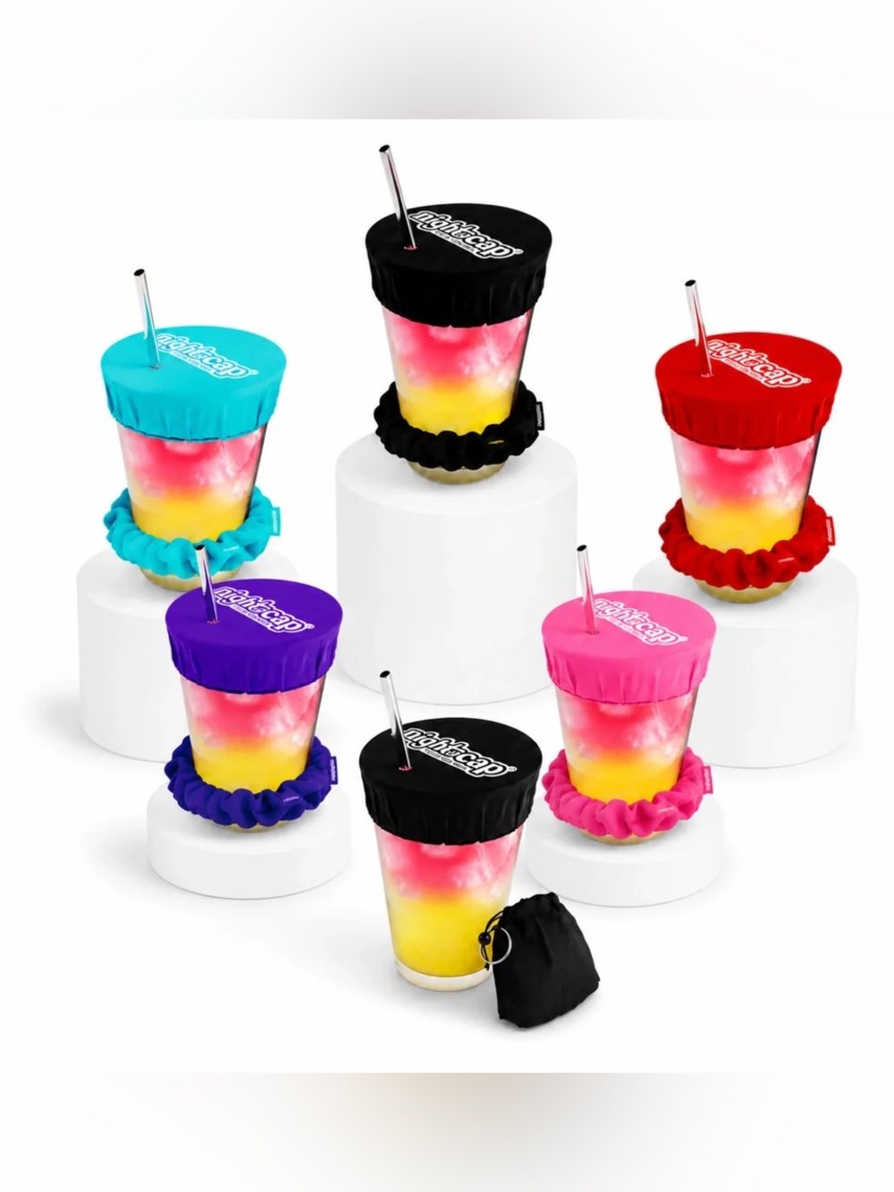 NWT NightCap Drink Cover Protect Scrunchies 5 Color Bundle + Prevention Keychain